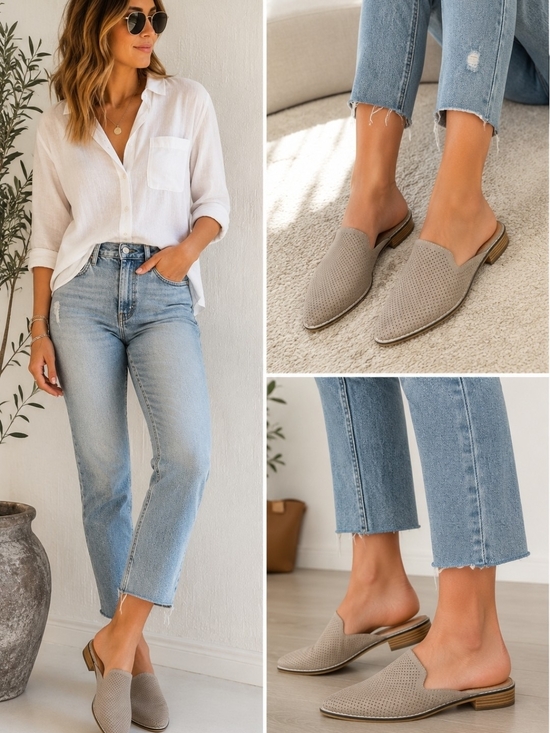 Indigo Shoes - Indigo Taupe Perforated Pointed Toe Slip-On Mules